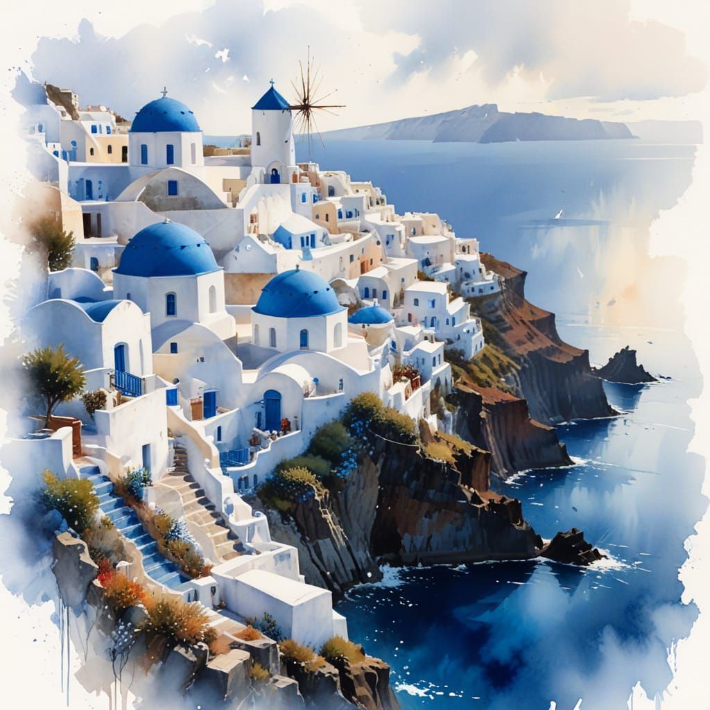 Santorini Watercolor: Whitewashed Domes by Aegean Sea