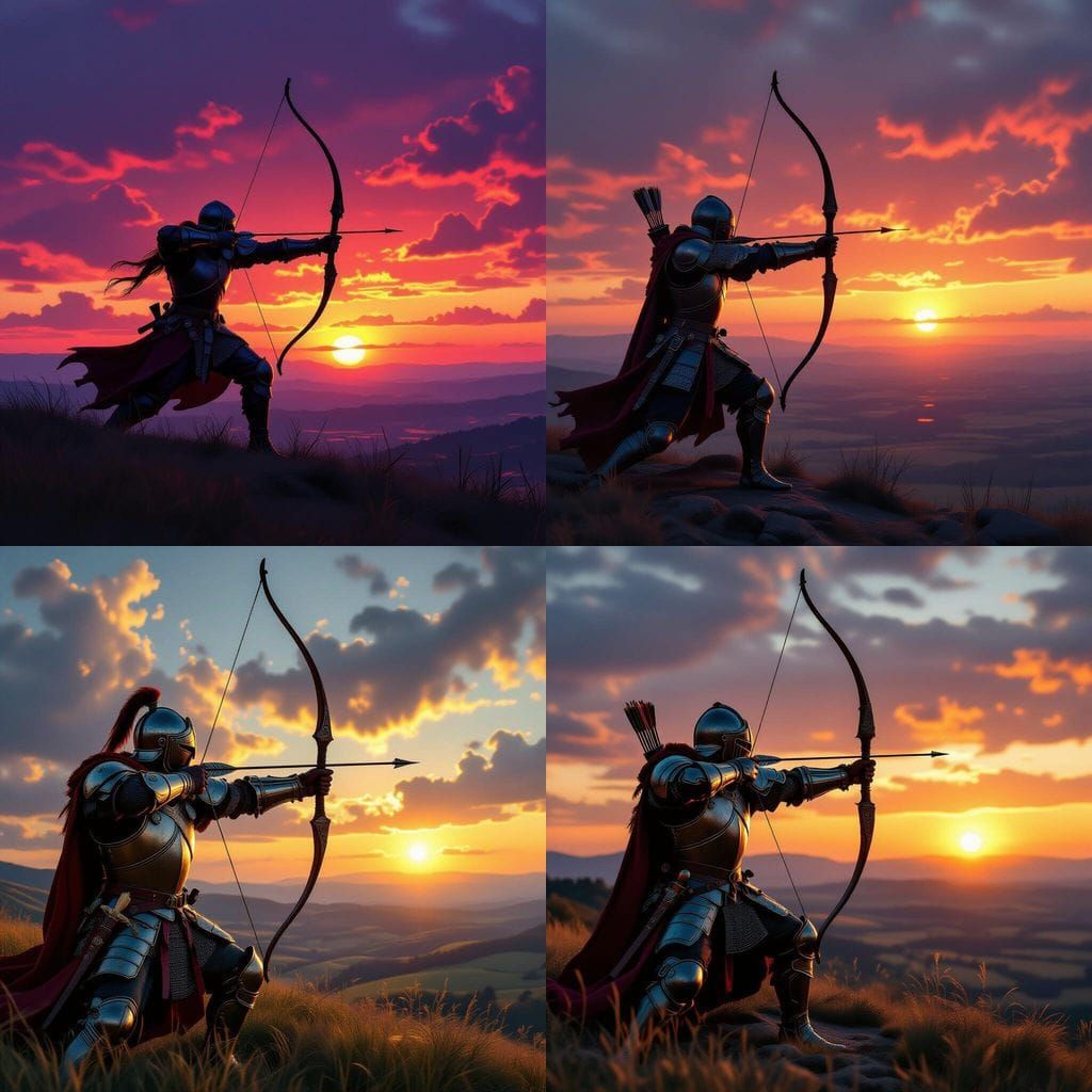 Armored Warrior Shooting Longbow at Sunset