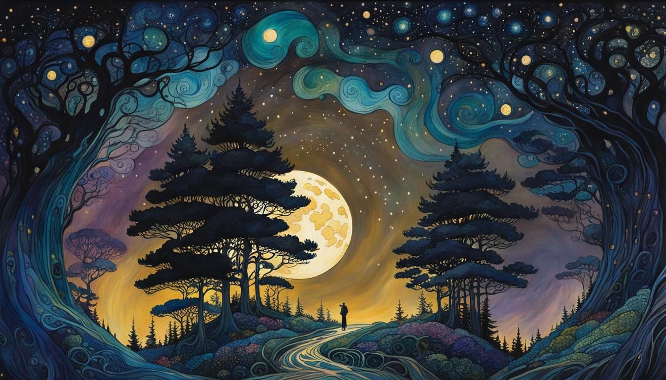 Epic Fantasy Garden Landscape in a Mystical Starry Night Sce...