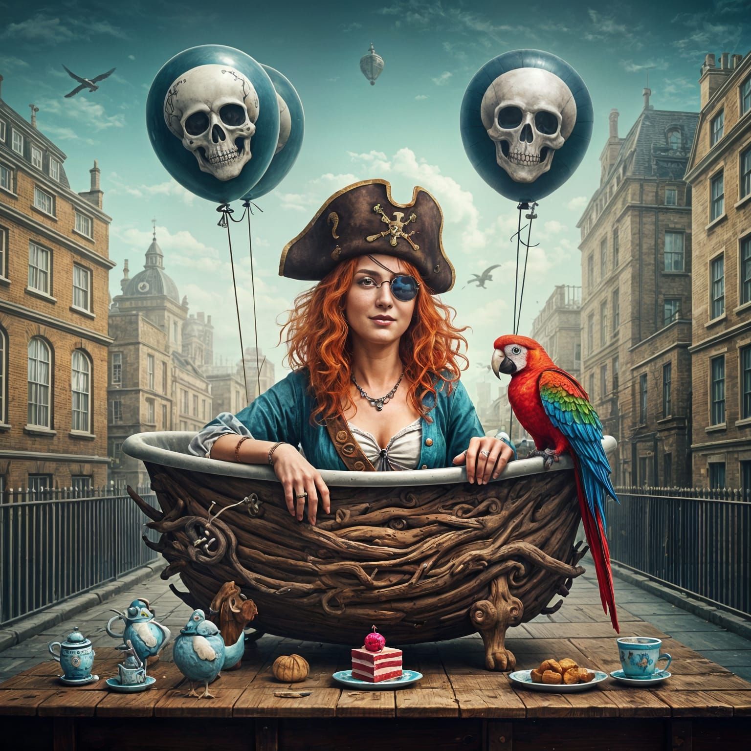 Pirate Bath Over London in Surreal Cartoon Style