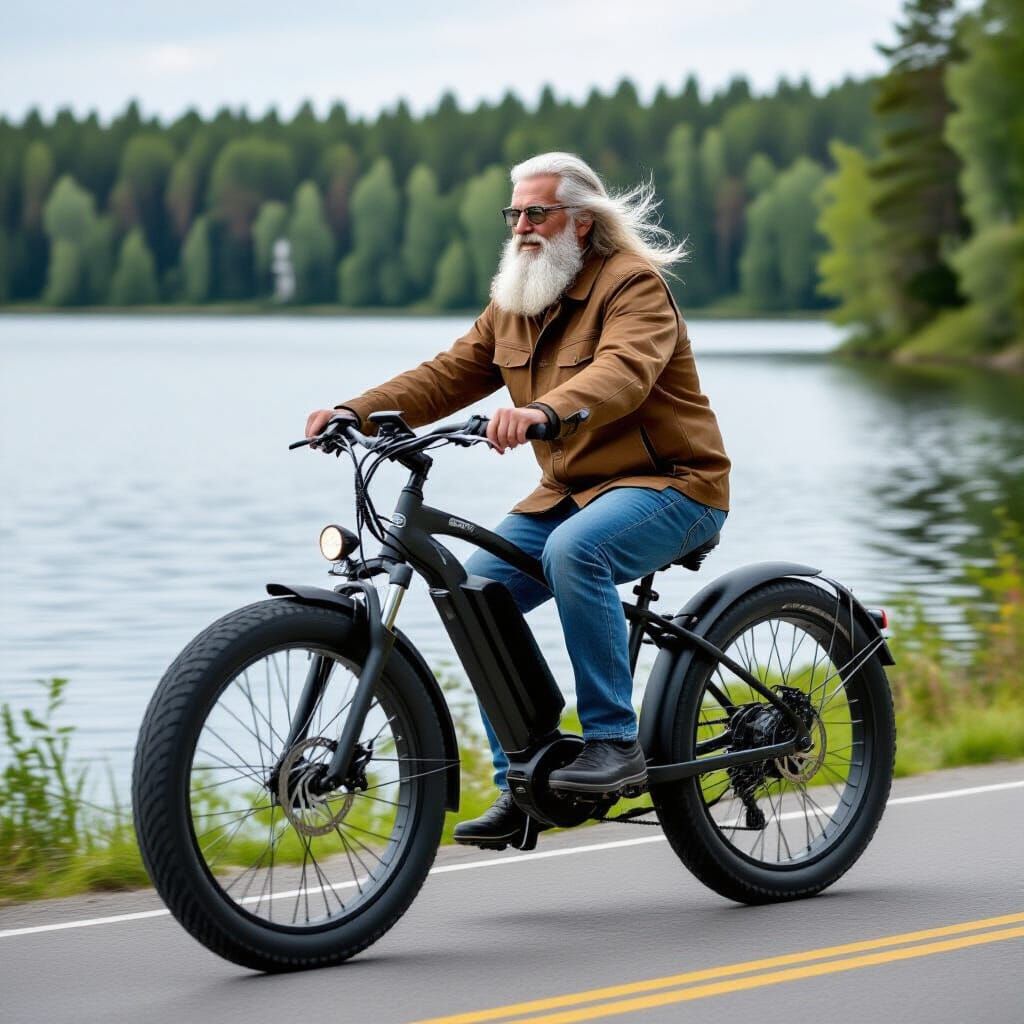 Electric High-Wheel Bicycle on Lakeside Ride