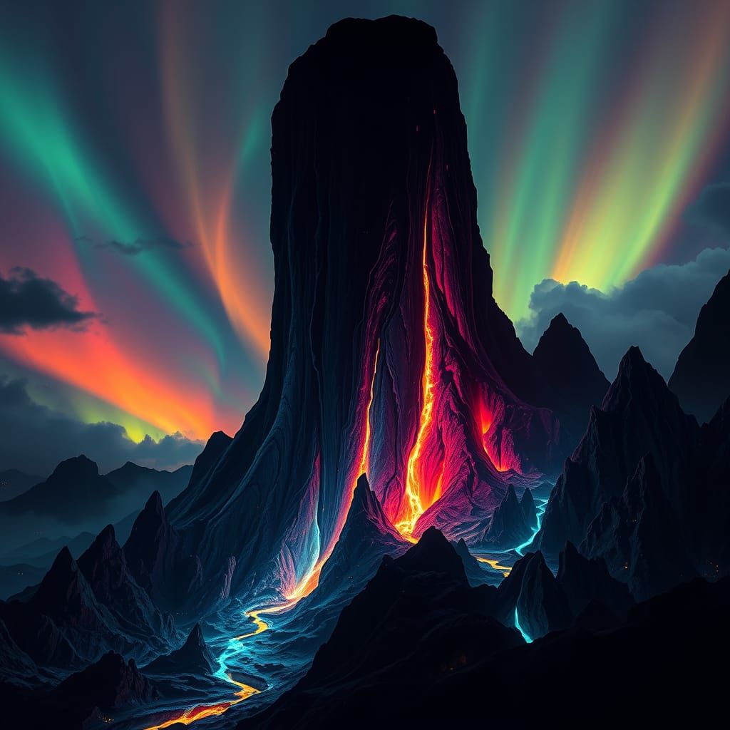 Surreal Chiaroscuro Landscape with Radiant Core and Swirling...