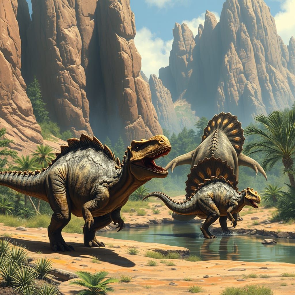 Allosaurus Confronts Stegosaurus in Jurassic Watering Hole
