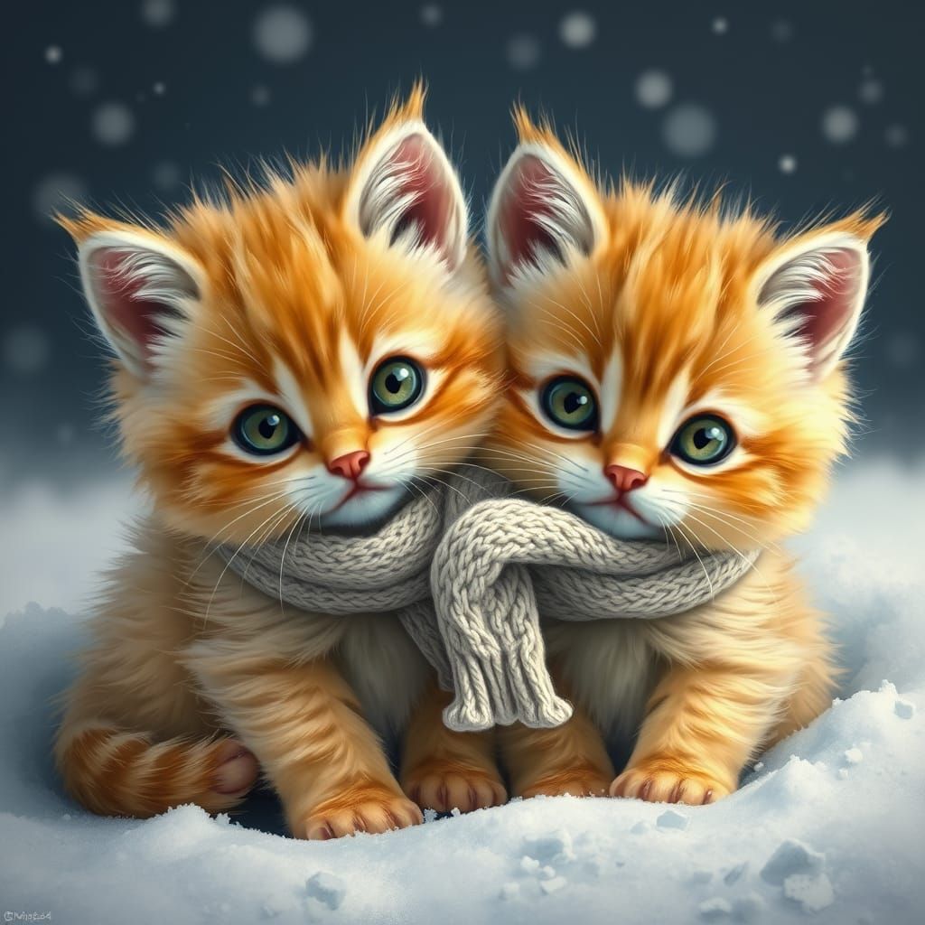 Whimsical Digital Painting of Yellow Kittens in Snowy Wonder...