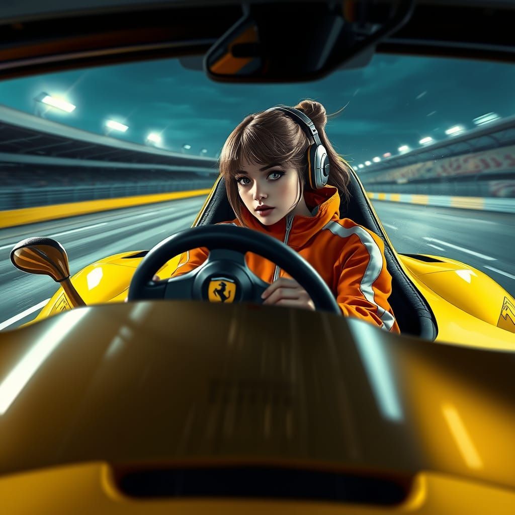 Sporty Girl Drives Yellow Ferrari on Racing Track in a Fanta...