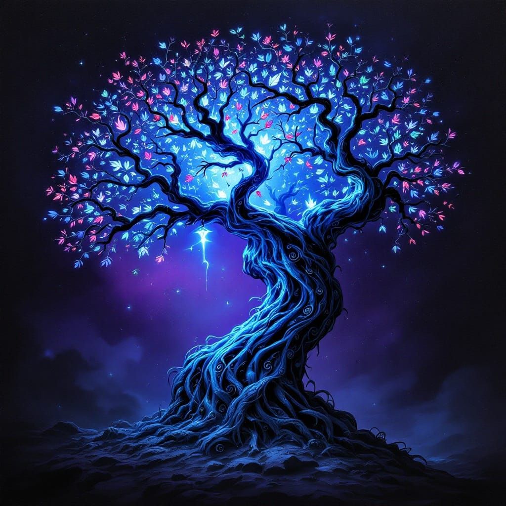 Ethereal Tree of Nature Symbols Radiates Blue Light