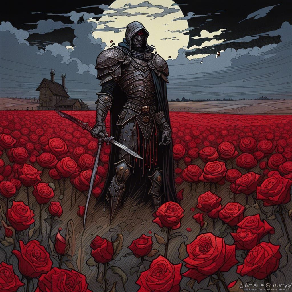 Dark Paladin in Bloody Rose Field: Oil Painting