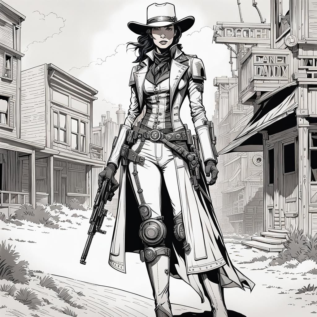 Cyborg Cowgirl: Retro Sci-Fi Line Art Illustration