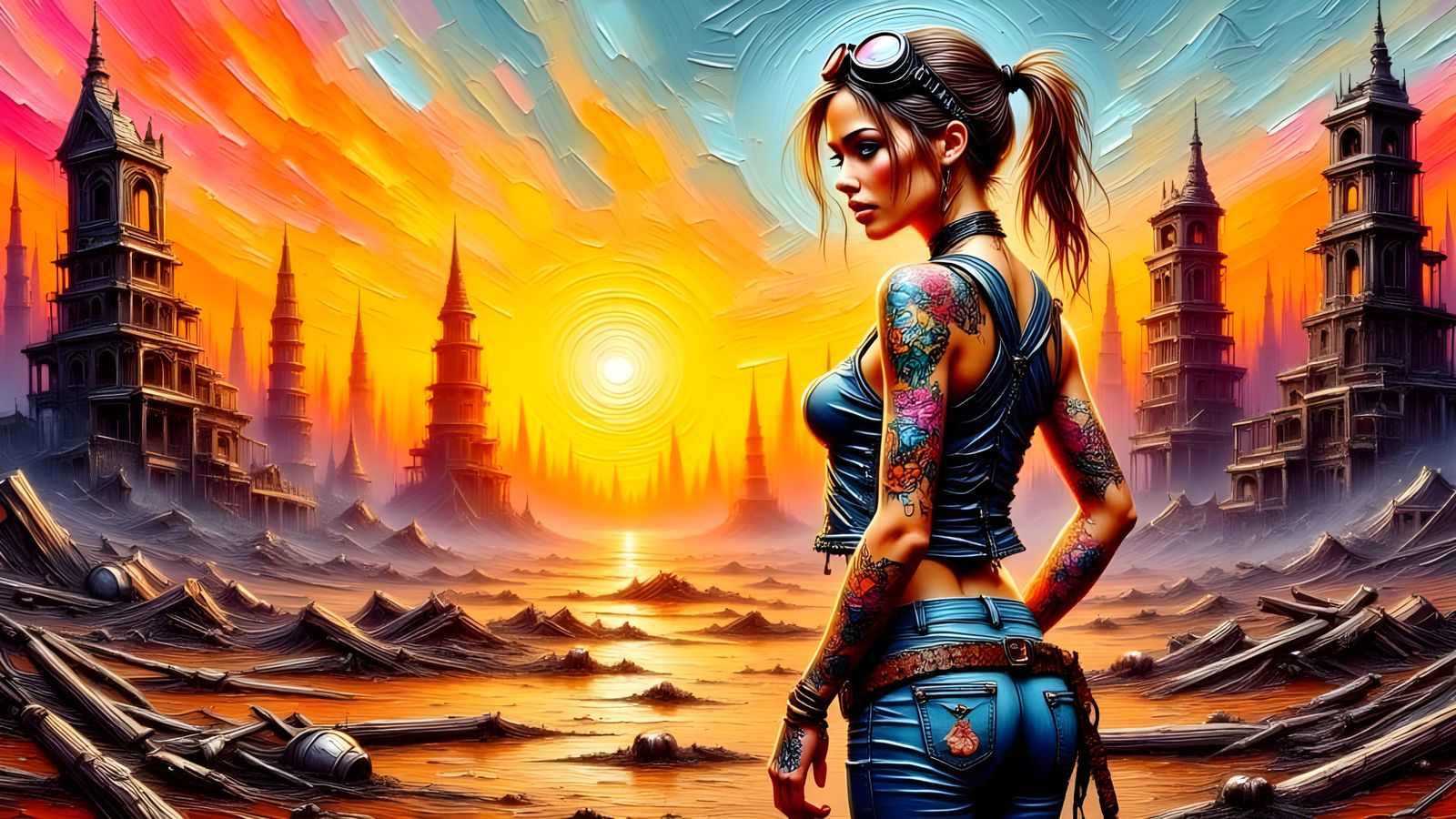 Impasto Wasteland Warrior Under Dystopian Sunset