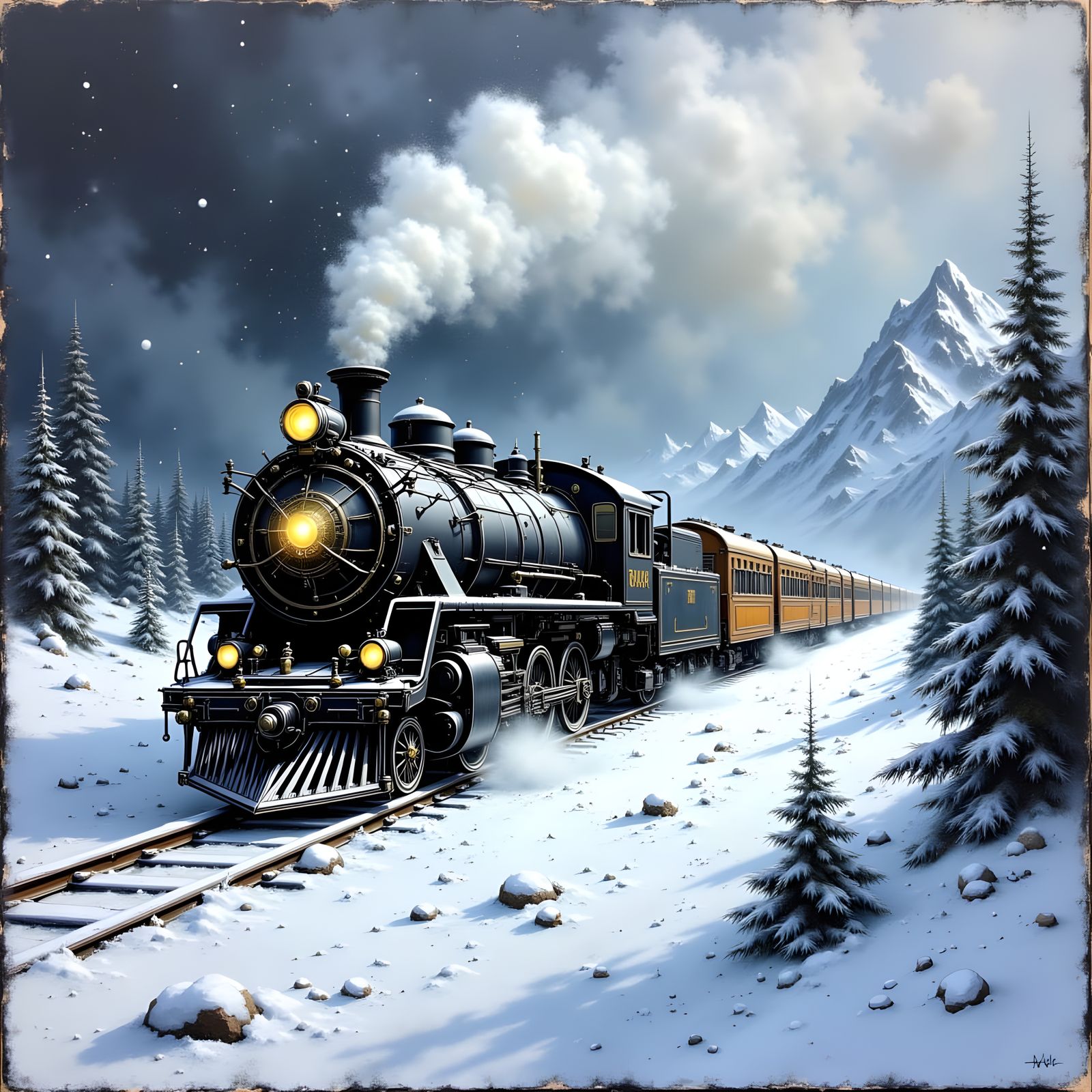 Majestic Train in Blizzard: Oil Painting