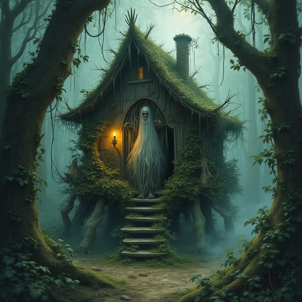 Mystical Crone Surrounded by Whimsical Forest in Dark Folk A...