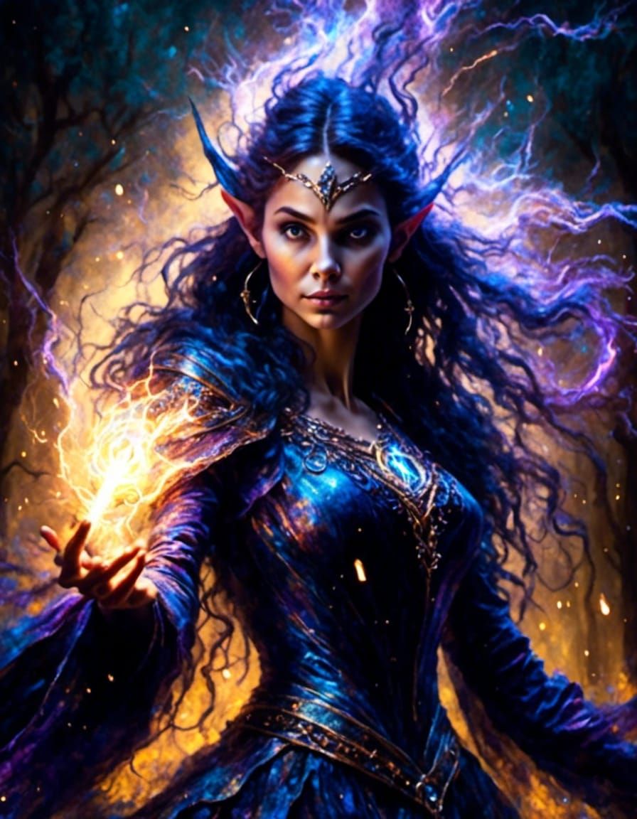 High Elf Sorceress Casting Lightning Bolt as Oil Painting