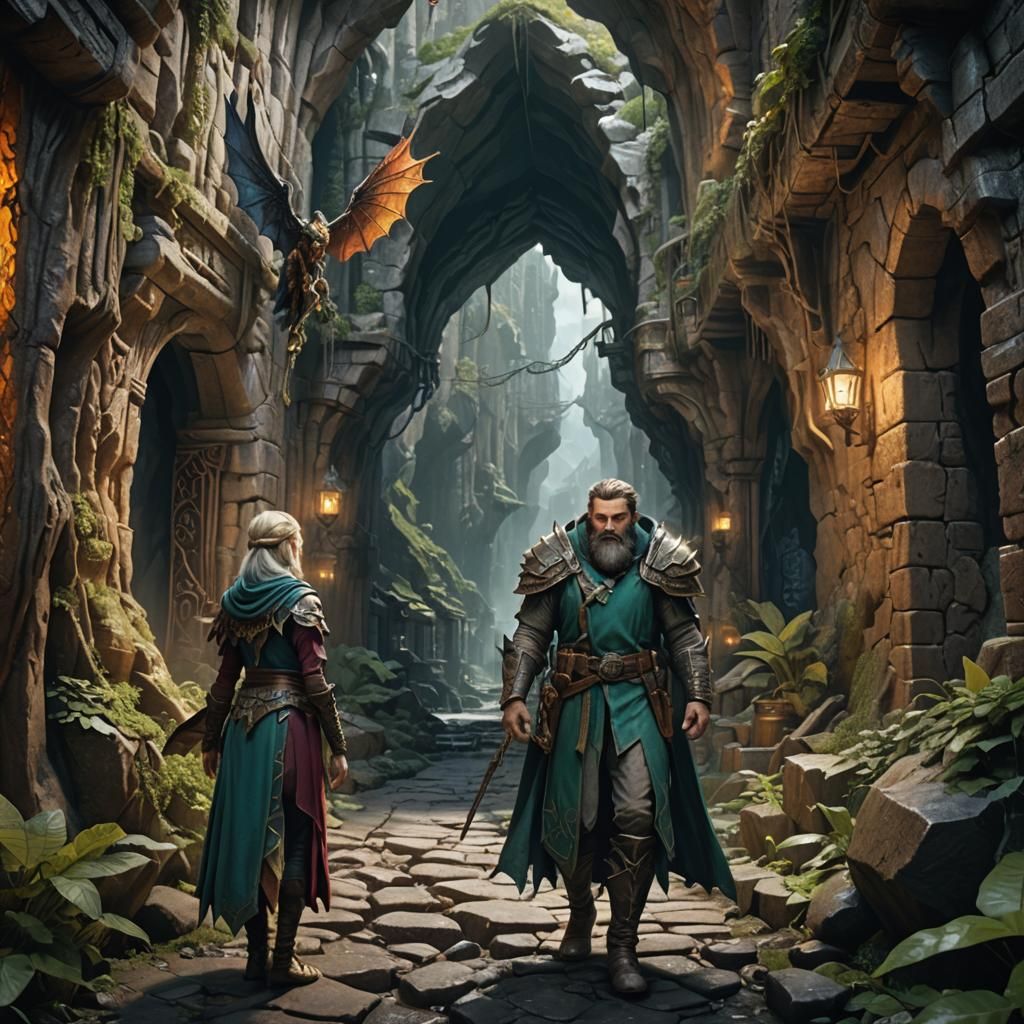 Fantasy Cleric and Winged Female Explore Cave