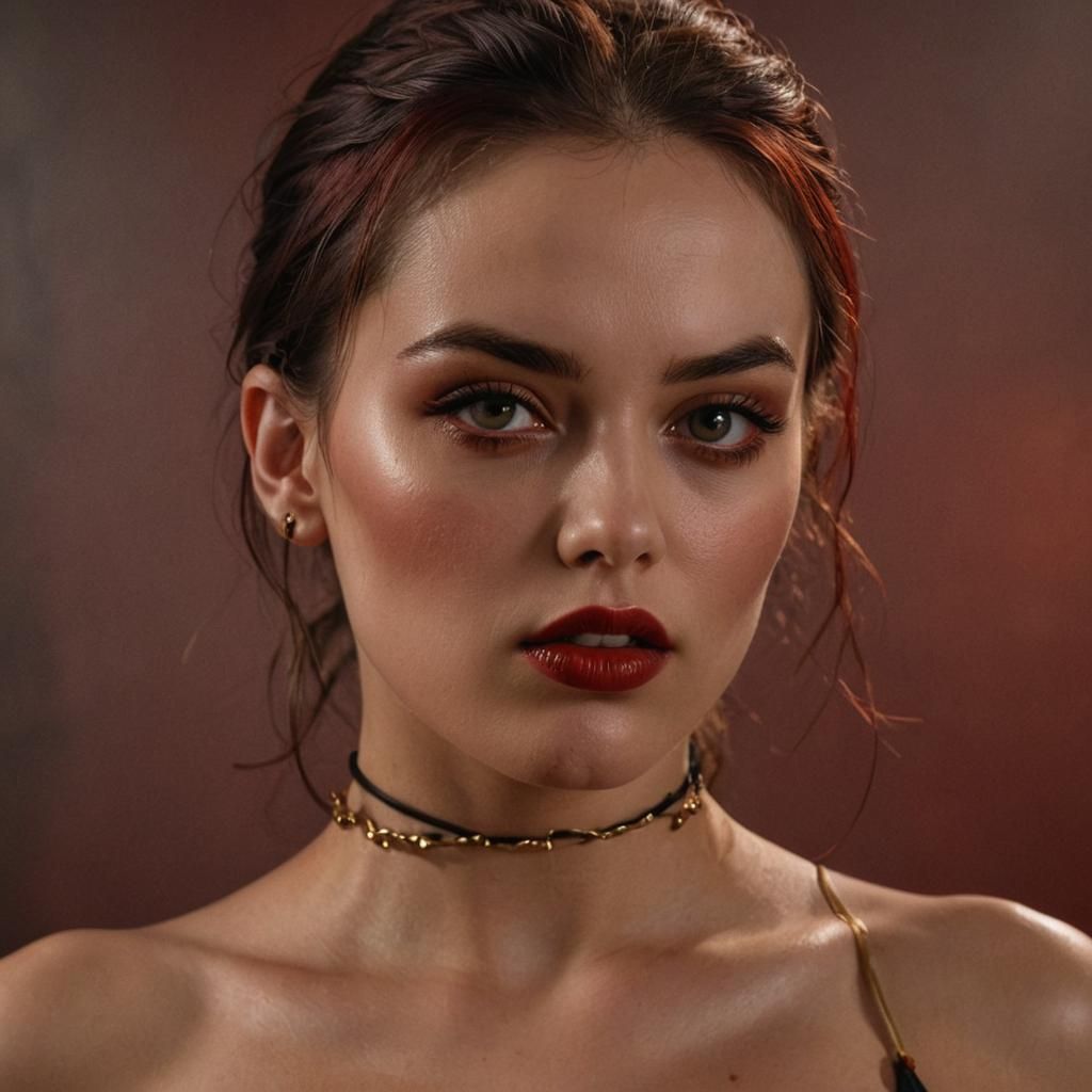 Hyper-Realistic Dominatrix Portrait in Sultry, Warm Lighting