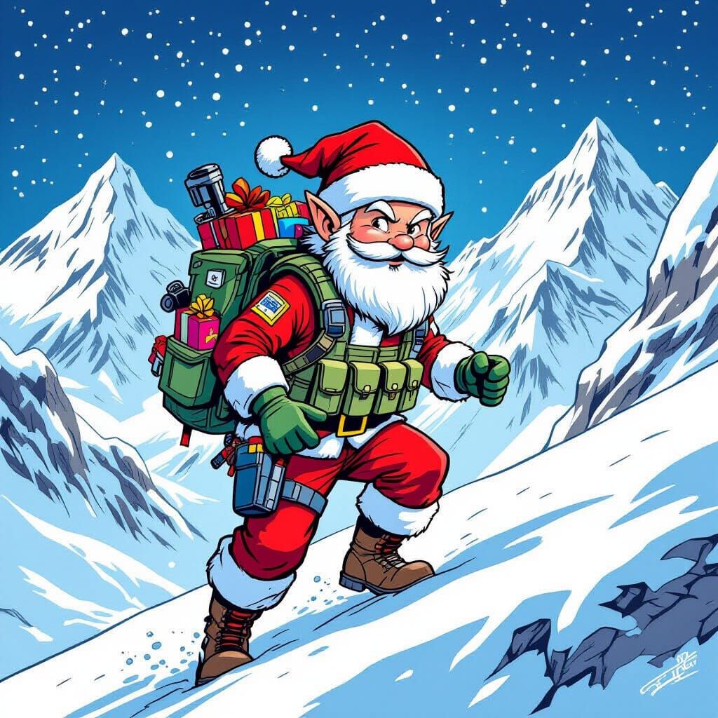 Christmas Elf on Snowy Mountain Pass in Comic Style