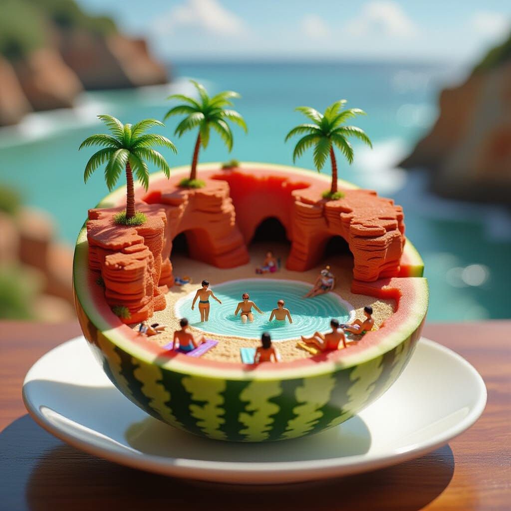 Miniature Beach Scene Inside a Watermelon