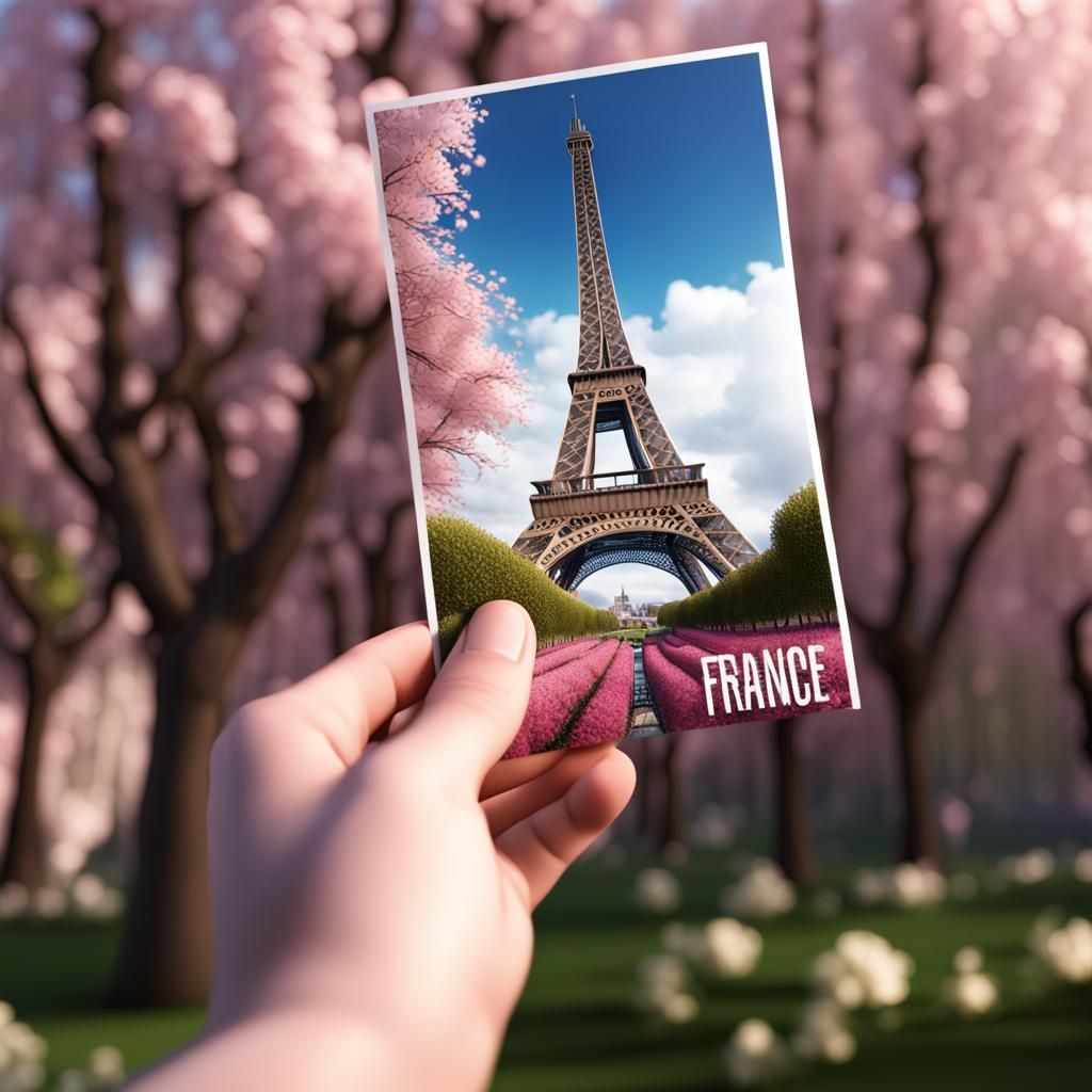 Eiffel Tower Springtime Postcard: Detailed Digital Painting