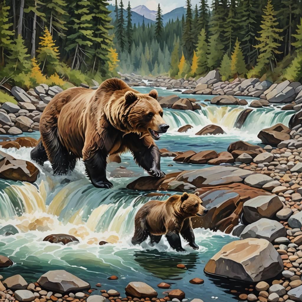 Grizzly Salmon Catch in Gouache Style