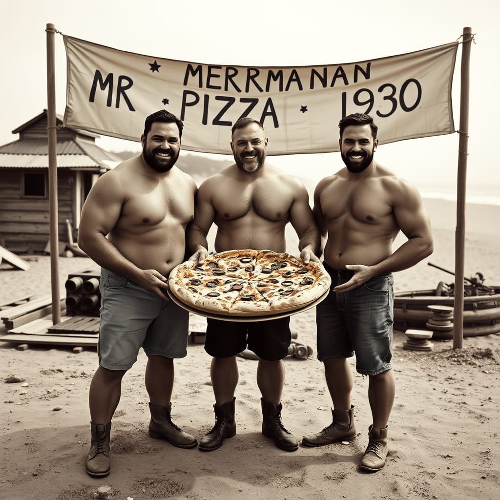 Vintage Mermen Share Pizza on Beach