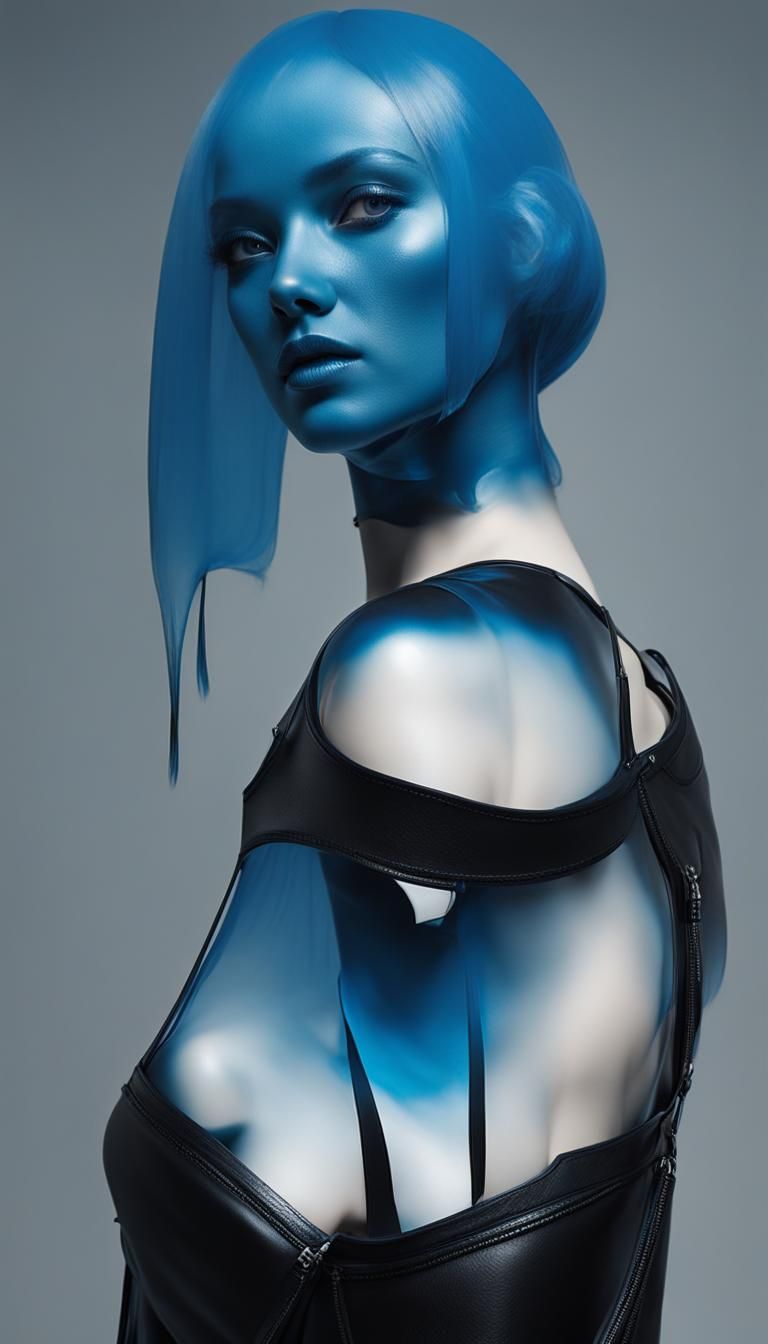 Translucent Blue Slime Girl in Leather Dress