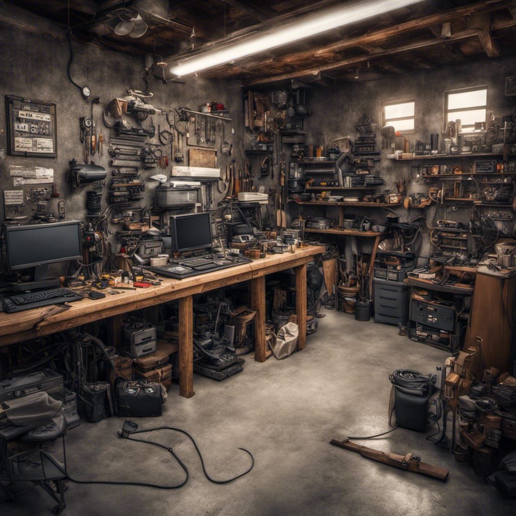Hyperrealistic Computer Workshop in Garage, Detailed HDR