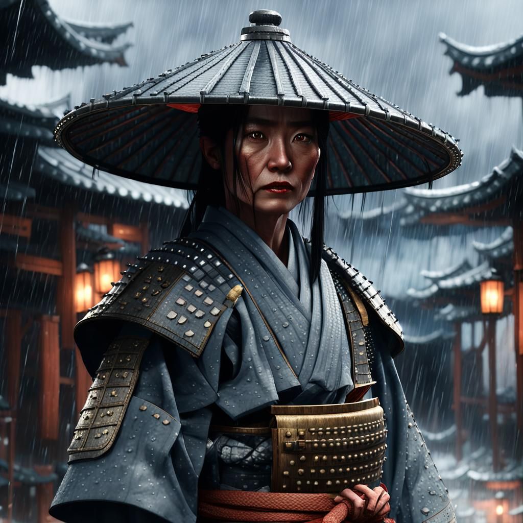 Female Samurai in Rain-Soaked Village, Matte Painting