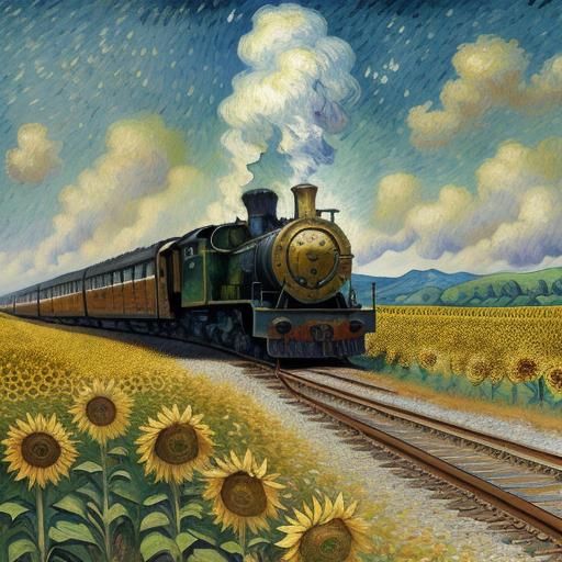 Smoking Train Through Sunflowers in Post-Impressionism Style