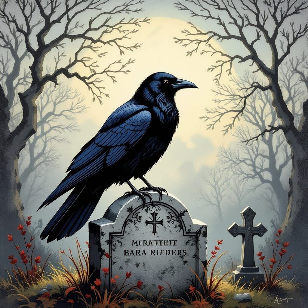 Gothic Raven on Tombstone Painting