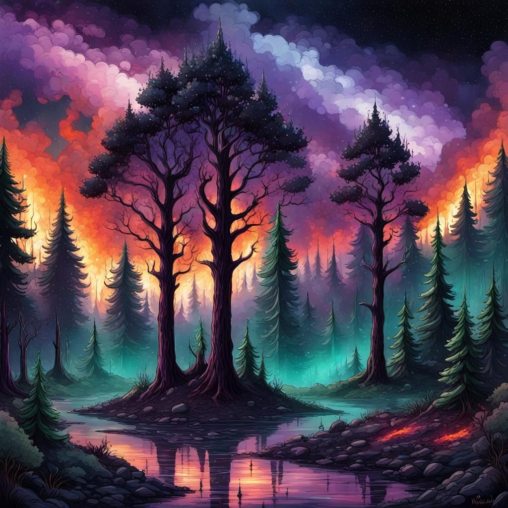 Forest Fire Under Gothic Starry Night