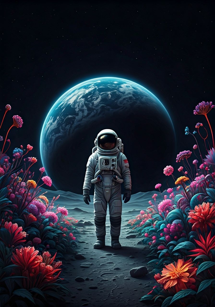 Astronaut Tends Alien Garden Under Earthlight