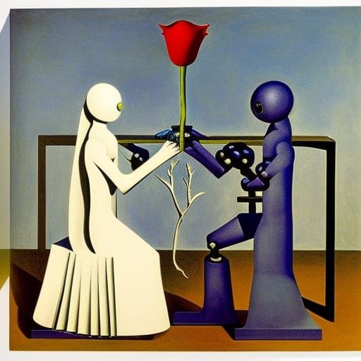 Robot and Bride with Metal Flowers, Surreal Art