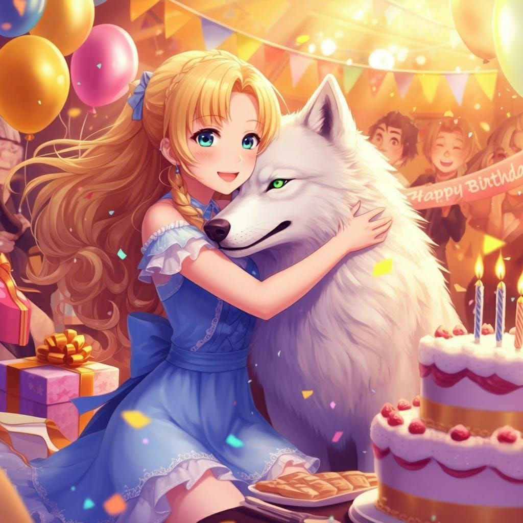 Blonde Woman's Birthday Celebration in Manga Style