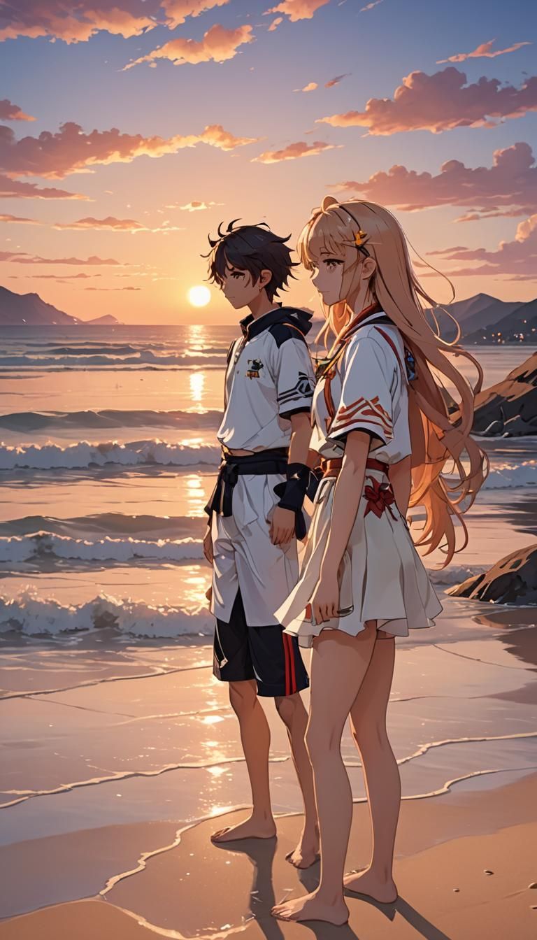 Anime Couple on Beach at Sunset in 3D Style