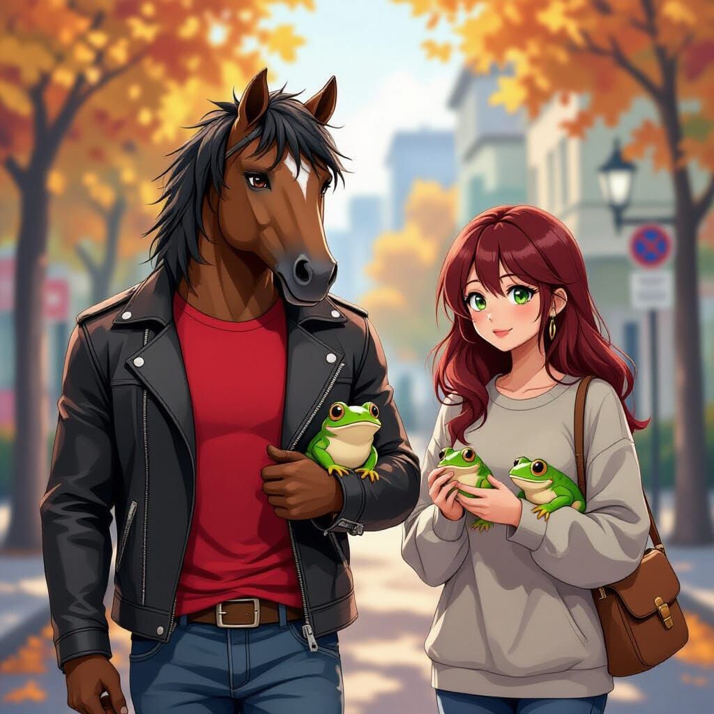 Anime Man with Horse Head and Woman in Autumn City