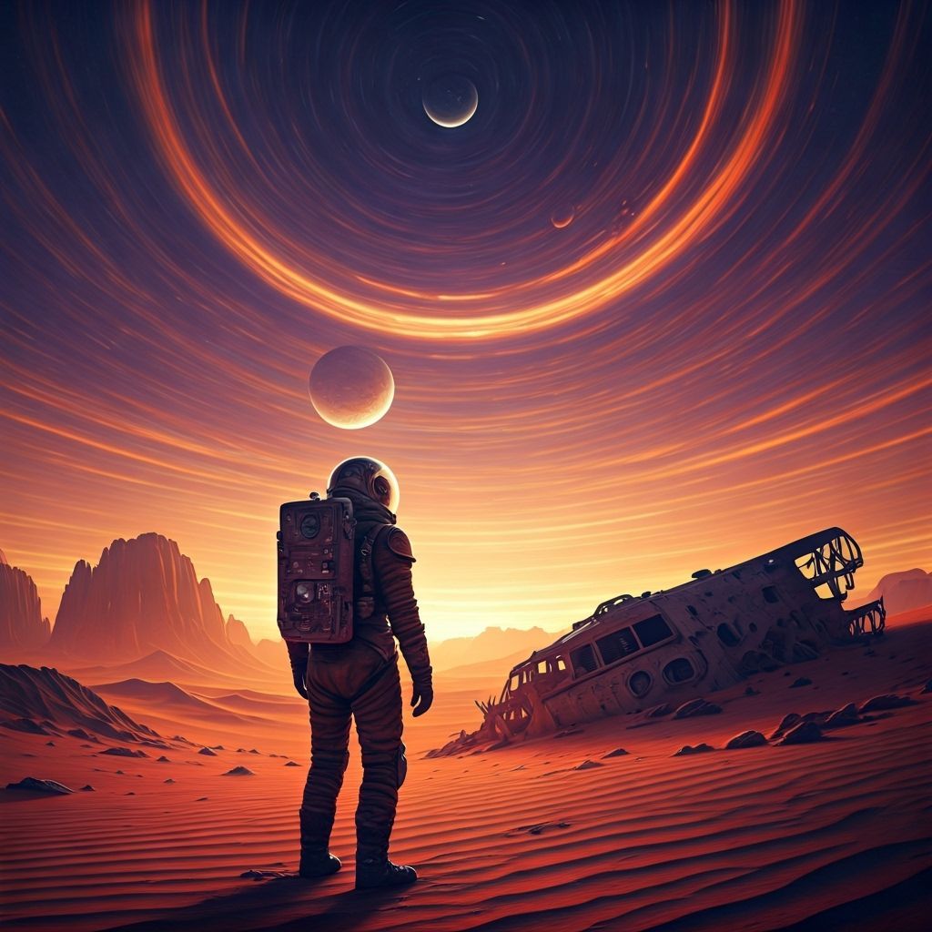 Victorian Astronaut on Desolate Alien Desert with Two Moons