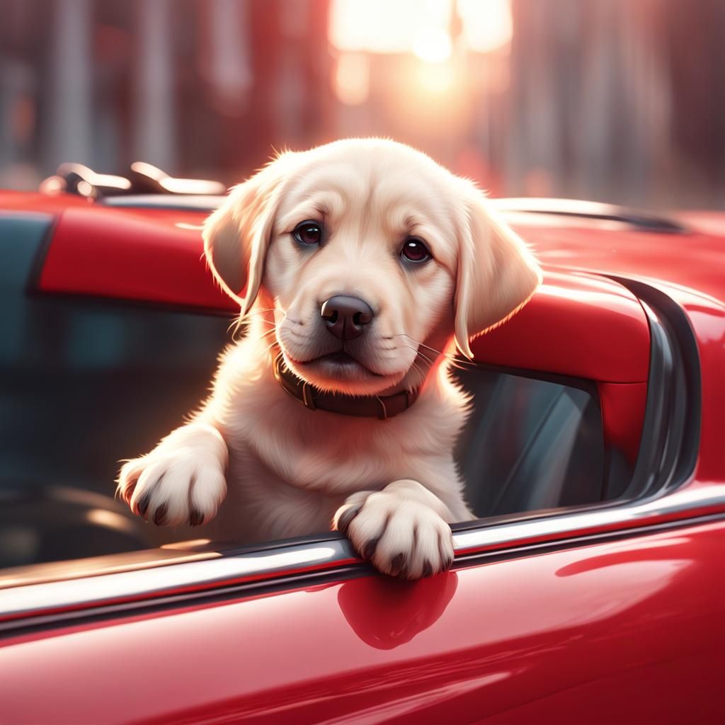 Labrador Puppy Car Ride: Hyperdetailed Digital Art
