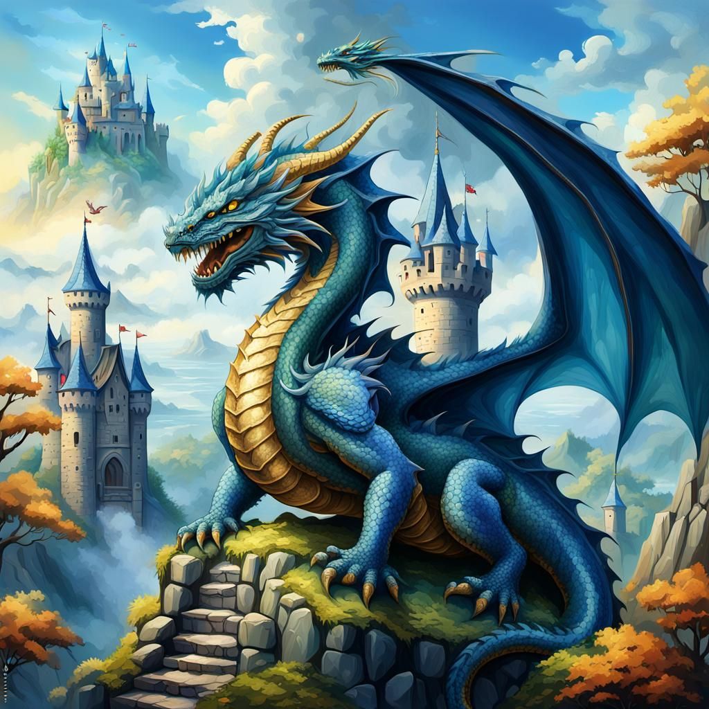 Blue Dragon Curled Around Castle Tower Oil Painting