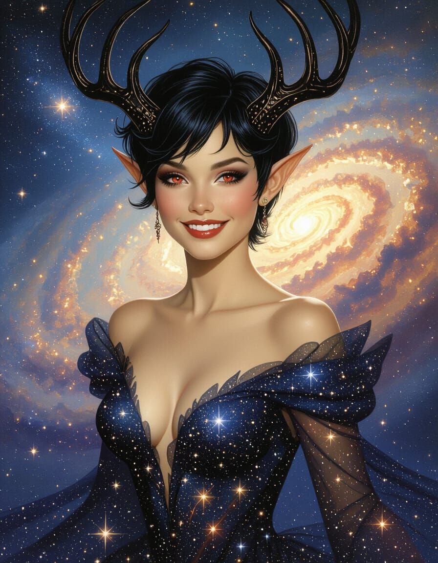 Cosmic Tiefling Maiden in Star Gown, Boris Vallejo Style