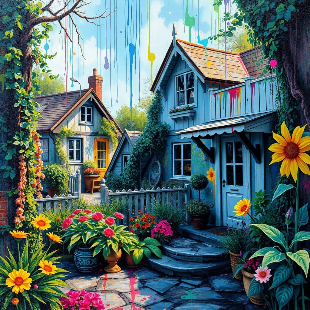 Colorful Cottage Garden in Graffiti Art Style