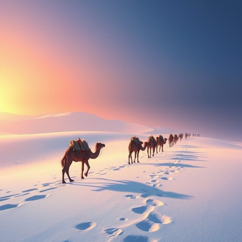 Majestic Camels Traverse Snowy Desert Dunes in a Fantastical...