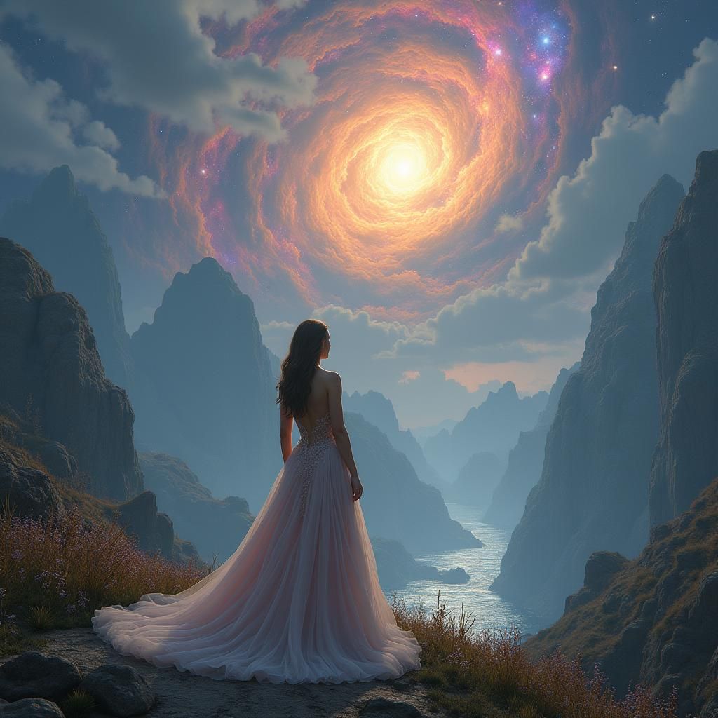 Mystical Woman Gazing at Celestial Sky