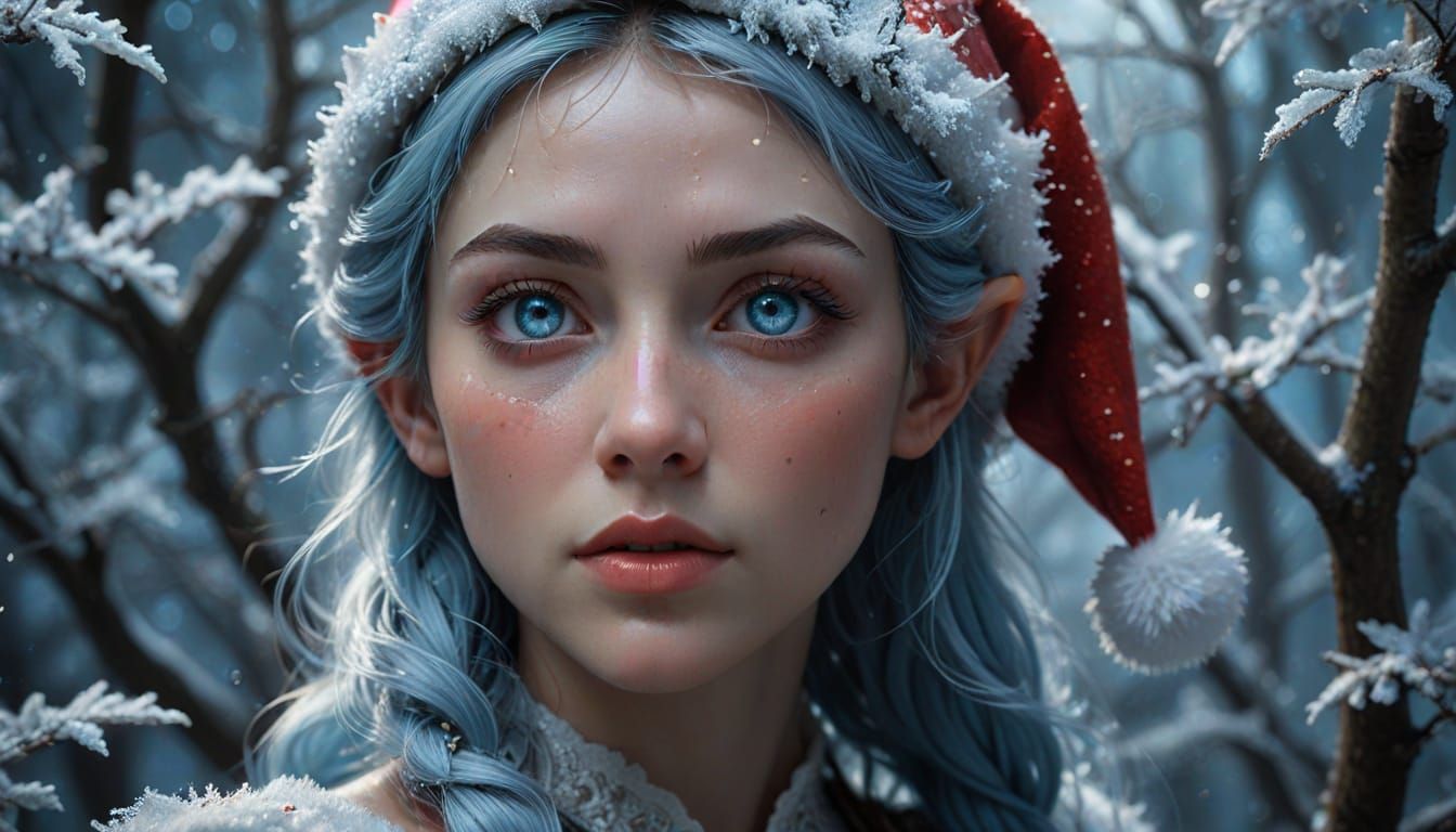 Ethereal Elf Woman in Winter Dreamscape, Photorealistic