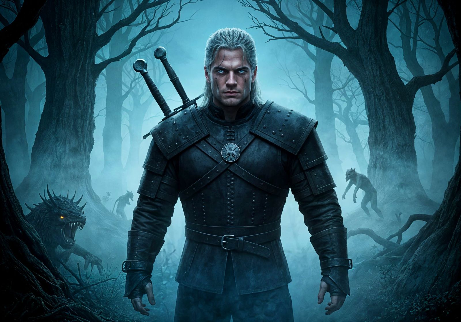 Geralt of Rivia in Misty Forest, Hyperrealistic Style