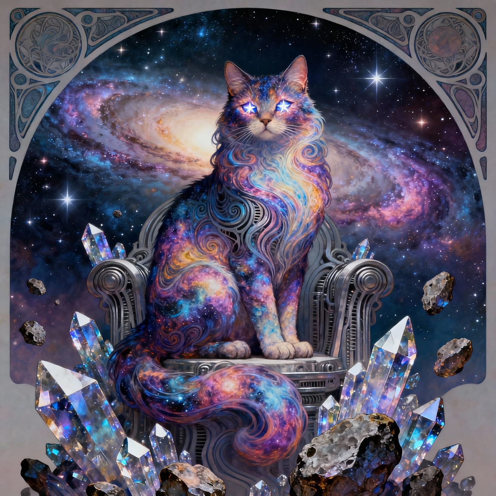 Cosmic Cat on Asteroid Throne, Nebulae Fur & Star Eyes