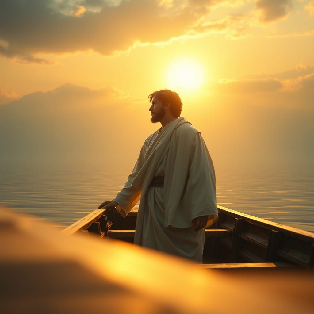 Jesus Adrift at Sunrise in Digital Matte Painting Style