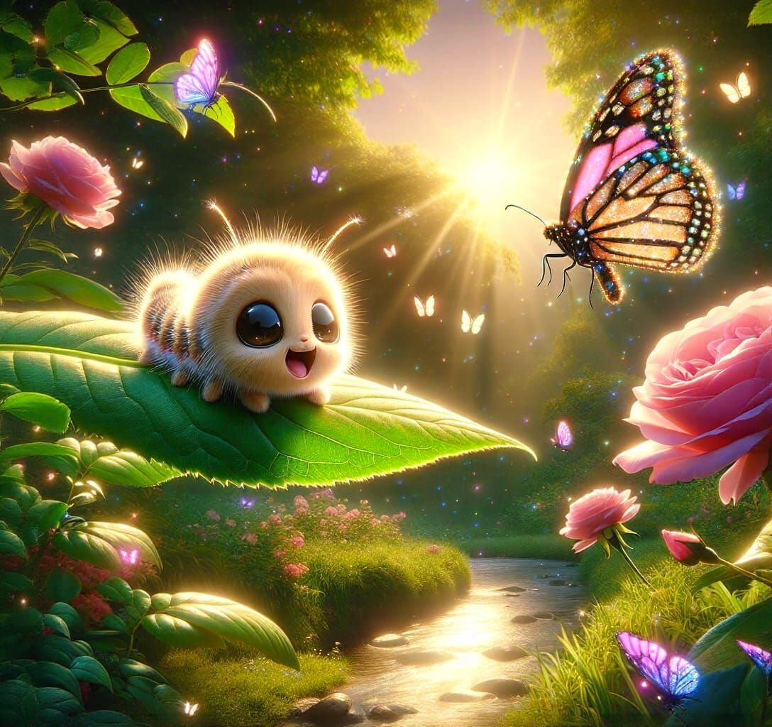 Chibi Caterpillar's Awe: Butterfly on Blooming Rose