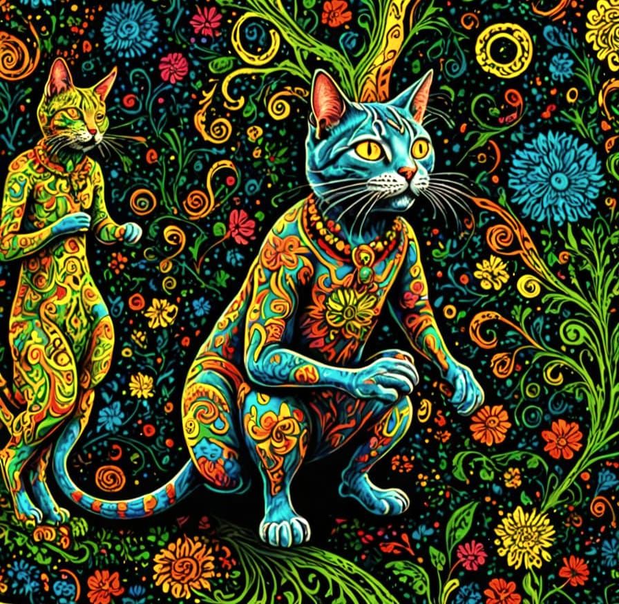 Psychedelic Cat in Underground Comic Book Illustration