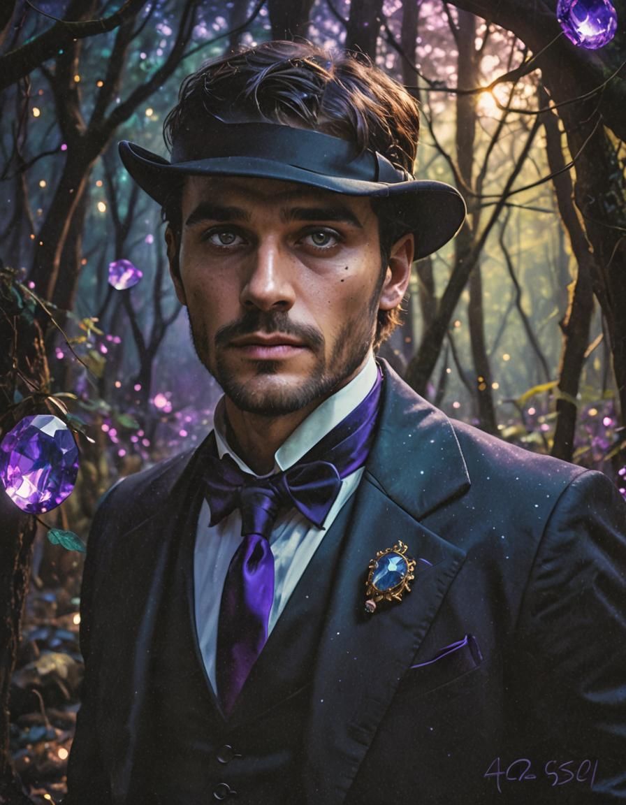 Mysterious Man in Forest Holding Gemstone