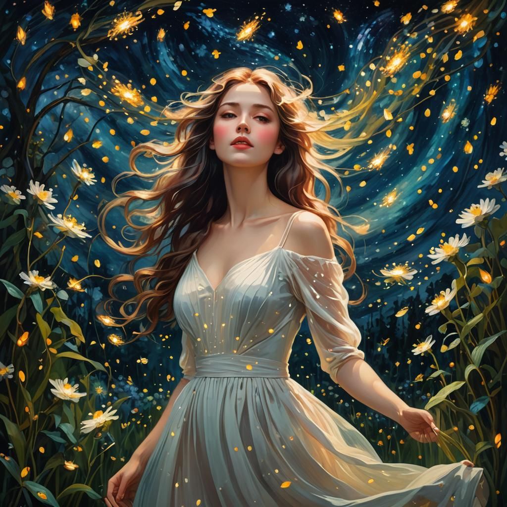 Dreamy Woman in Starry Night Garden, Surreal Art