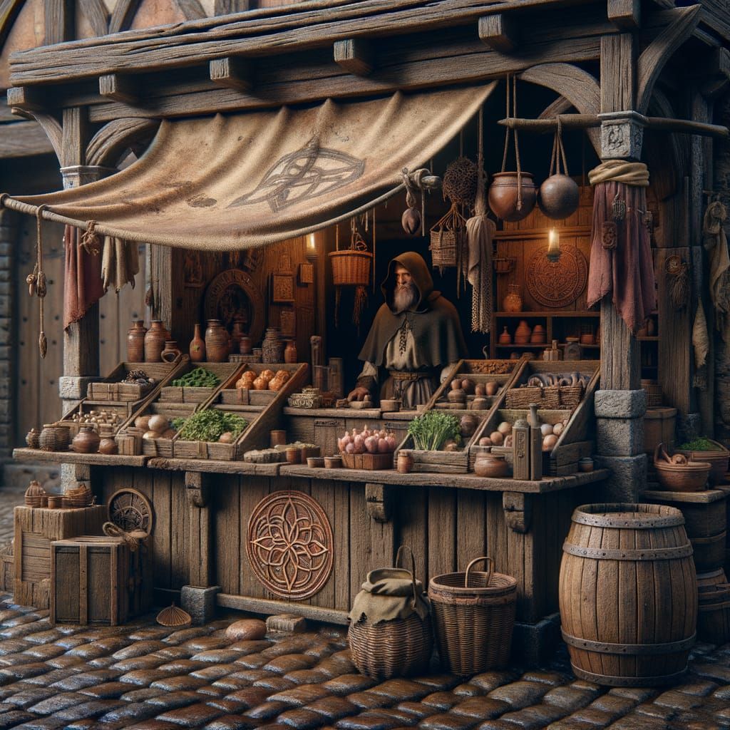 Medieval Market Stall in Dramatic Night Lighting